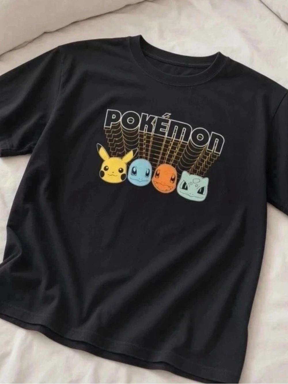 Pokemon Black Graphic Tee with Pikachu, Squirtle, Charmander & Bulbasaur